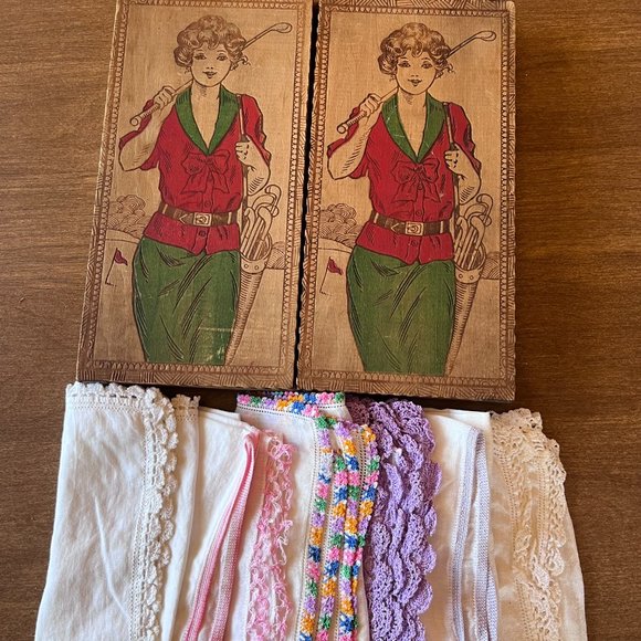 Set Victorian Wooden Pyrography box Keepsake box Woman Golf VTG handkerchiefs - Picture 1 of 8
